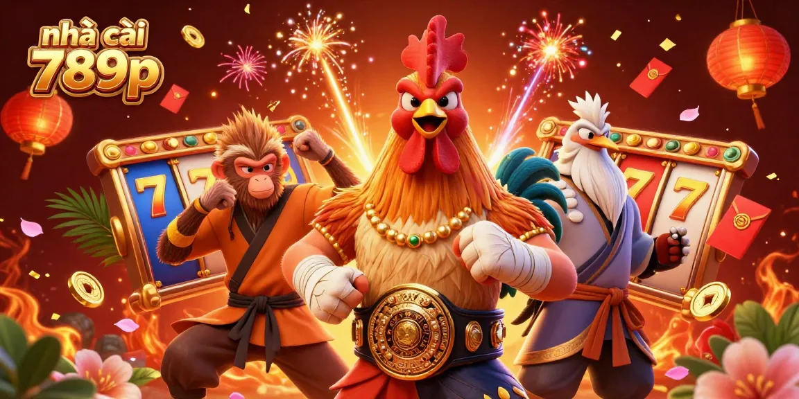 Bet big with nhà cái 789p in this vibrant 3D casino scene featuring a rooster, monkey, and crane.