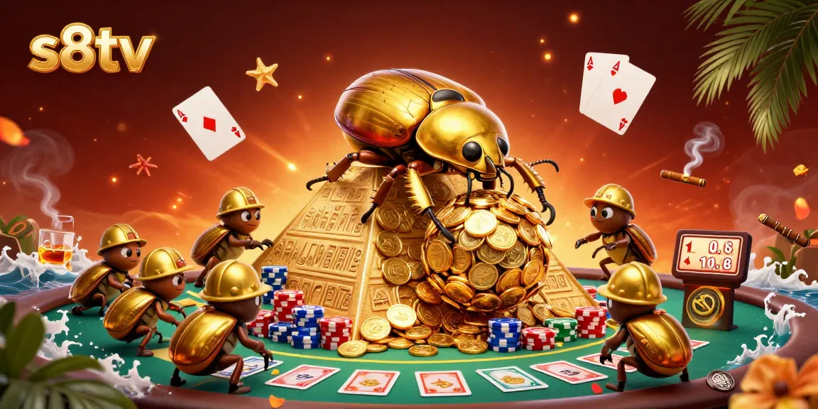 S8tv showcases a dynamic casino scene with golden beetles rolling coins, vibrant poker elements, enhancing the visual excitement.