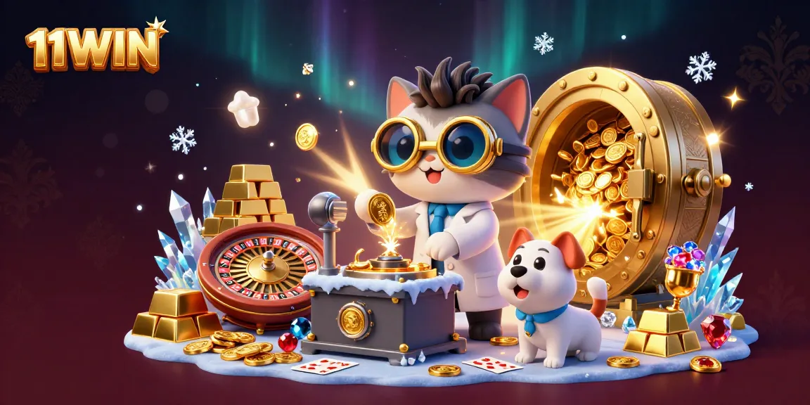 Engage with 11WIN's vibrant live casino scene featuring a mad scientist cat and assistant dog.