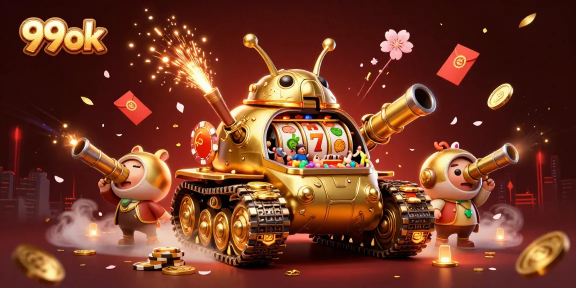 Experience thrills at 99ok with a vibrant casino setting featuring a golden beetle tank.