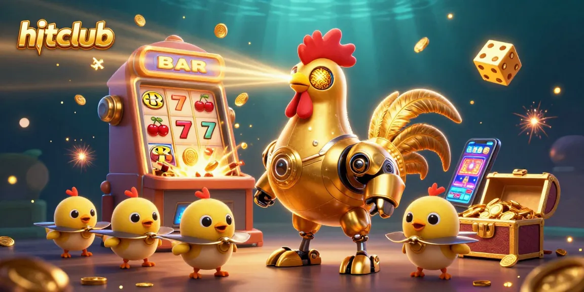 Hitclub showcases a golden rooster robot leading a vibrant casino scene filled with jackpots and colorful games.