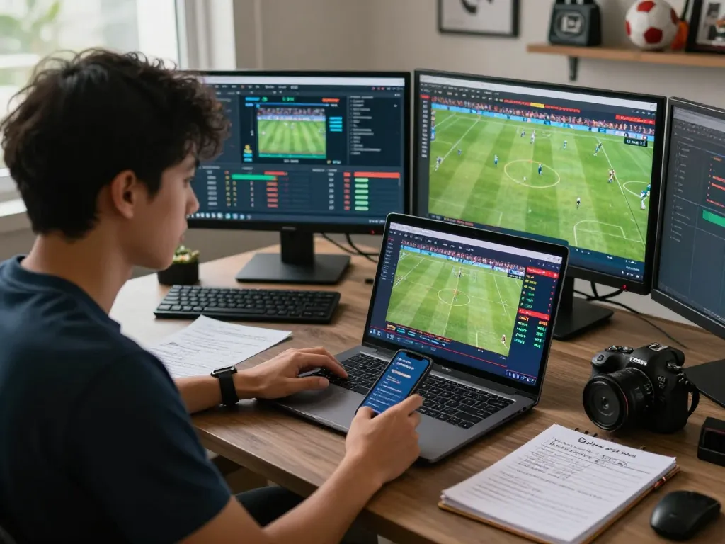 Online gambling scene featuring Judi Bola betting on a live football match with sports memorabilia.