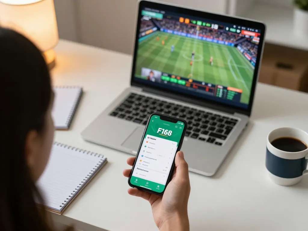 F168 user placing sports bets on mobile app in a cozy home office setting