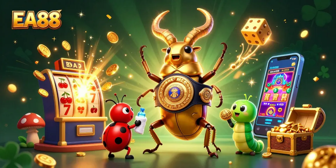 Experience the excitement at EA88 with vibrant casino elements and engaging characters in this dynamic illustration.