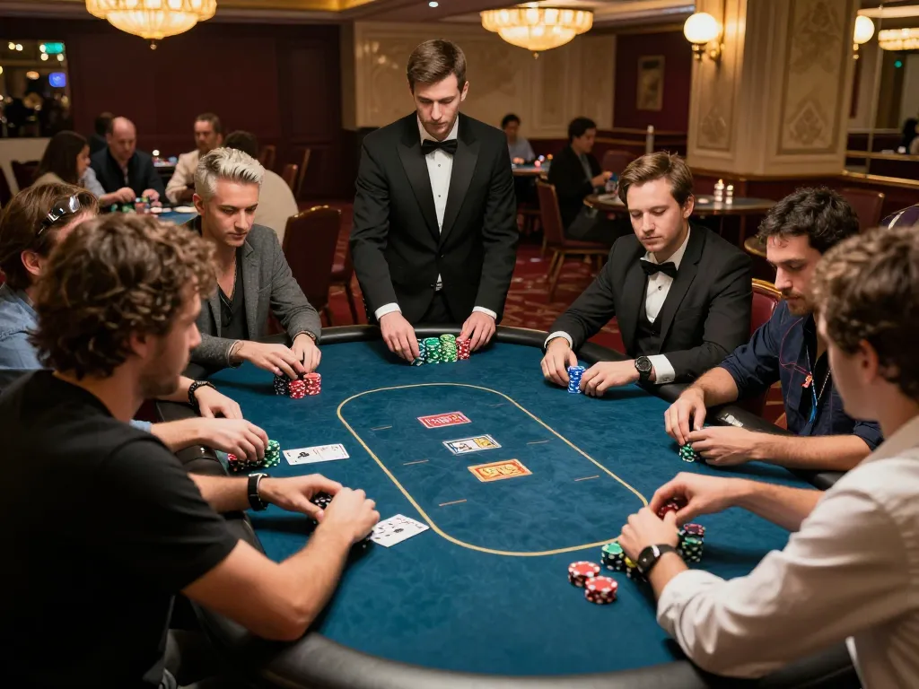 Players engaged in strategic gameplay at 22luck8 poker table, colorful chips and focused expressions