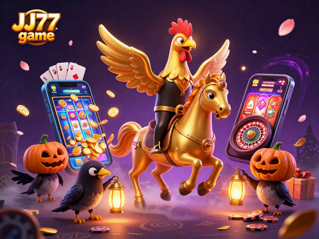 Experience the thrilling JJ77 game as golden rooster characters brighten the midnight casino.
