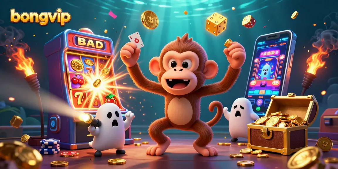 Bongvip showcases a haunted casino scene with a mischievous monkey and a ghost-hunter puppy attracting players' attention.