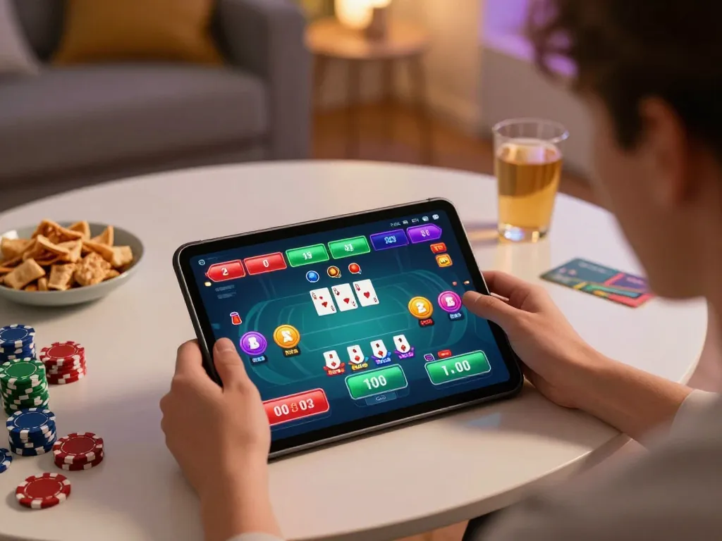 Engaging LODE88 online poker experience with a player strategizing while using a tablet.