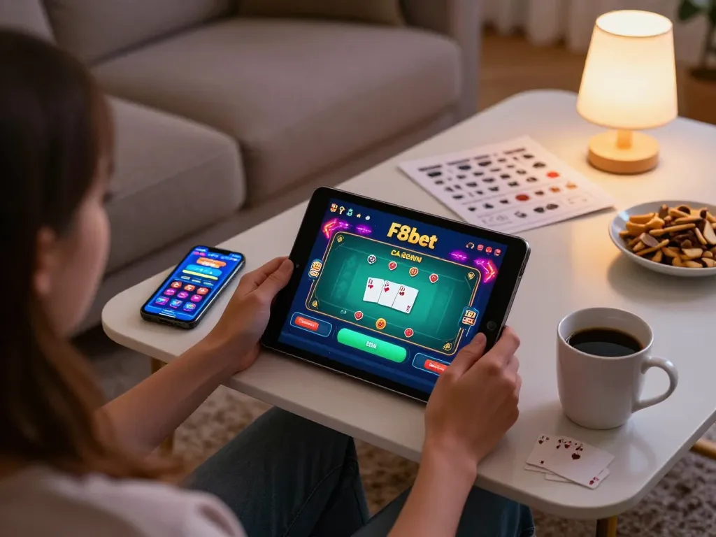 Engaged player enjoys F8bet casino on a tablet in a cozy home setting, showcasing a modern gaming experience.