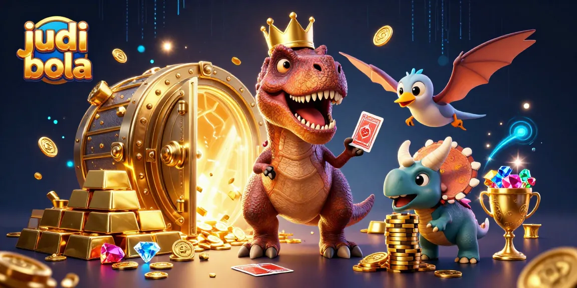 Engage in judi bola action with T-Rex card shuffling, surrounded by gleaming casino treasures.