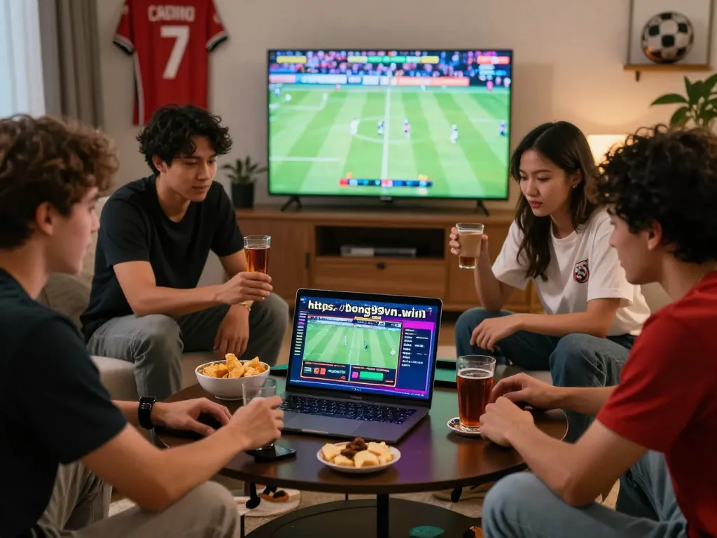 Group of friends enjoying online betting at https://bong99vn.win/ in a cozy living room.