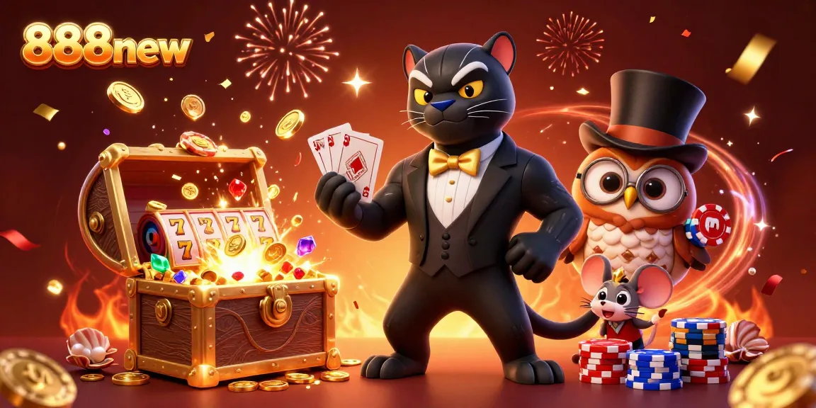 Engage with 888new's vibrant casino experience featuring a tuxedoed panther, owl, and mouse amidst a gold explosion.