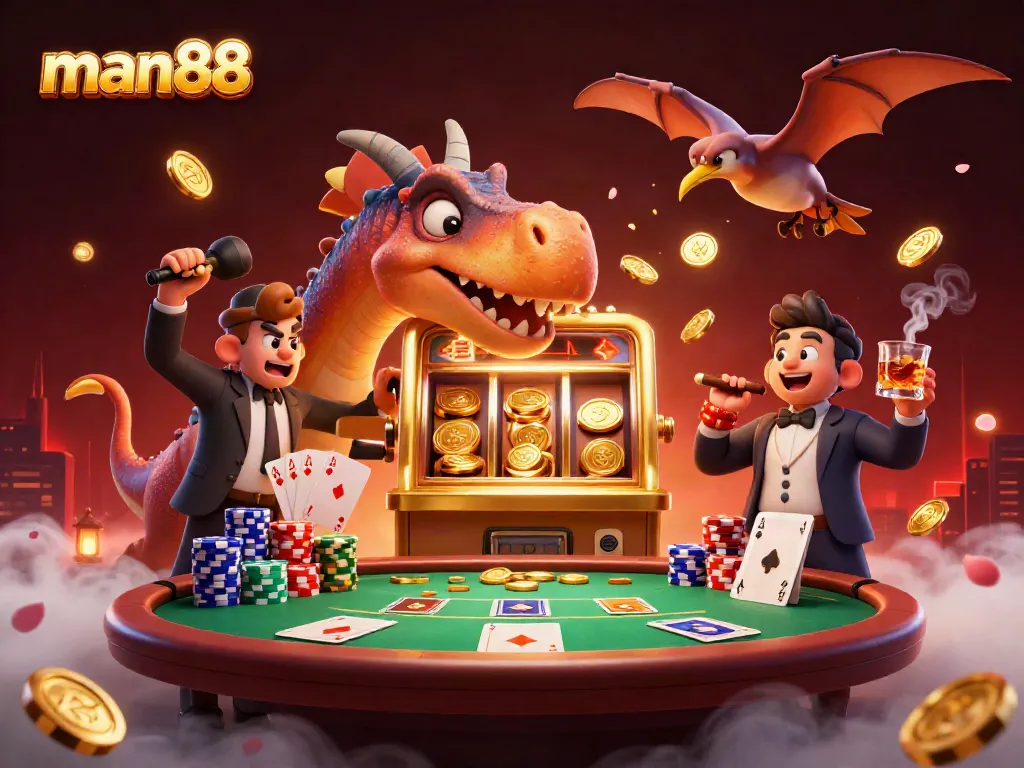 Experience the excitement of man88 as a dinosaur wins jackpots and coins fly in a dynamic casino scene.