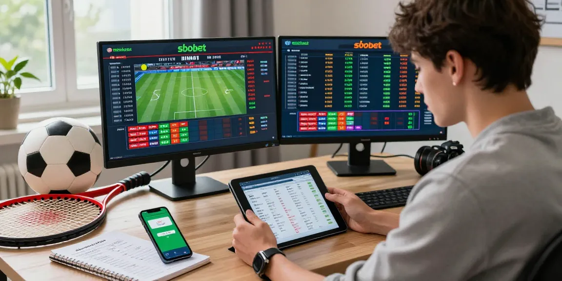 Focused individual engaging in sbobet online betting with live odds on dual monitors in a modern home office.
