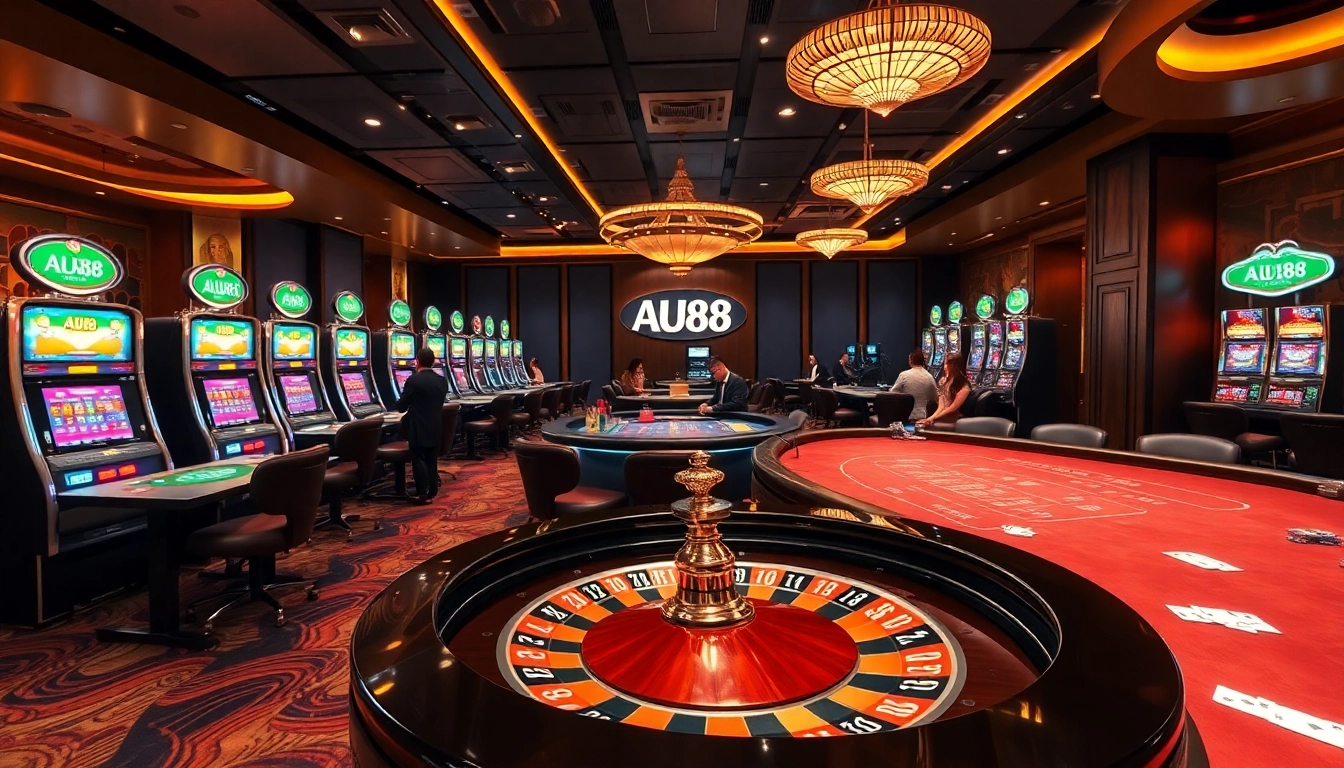Experience luxury and excitement at AU88 casino with vibrant gaming tables and slot machines.
