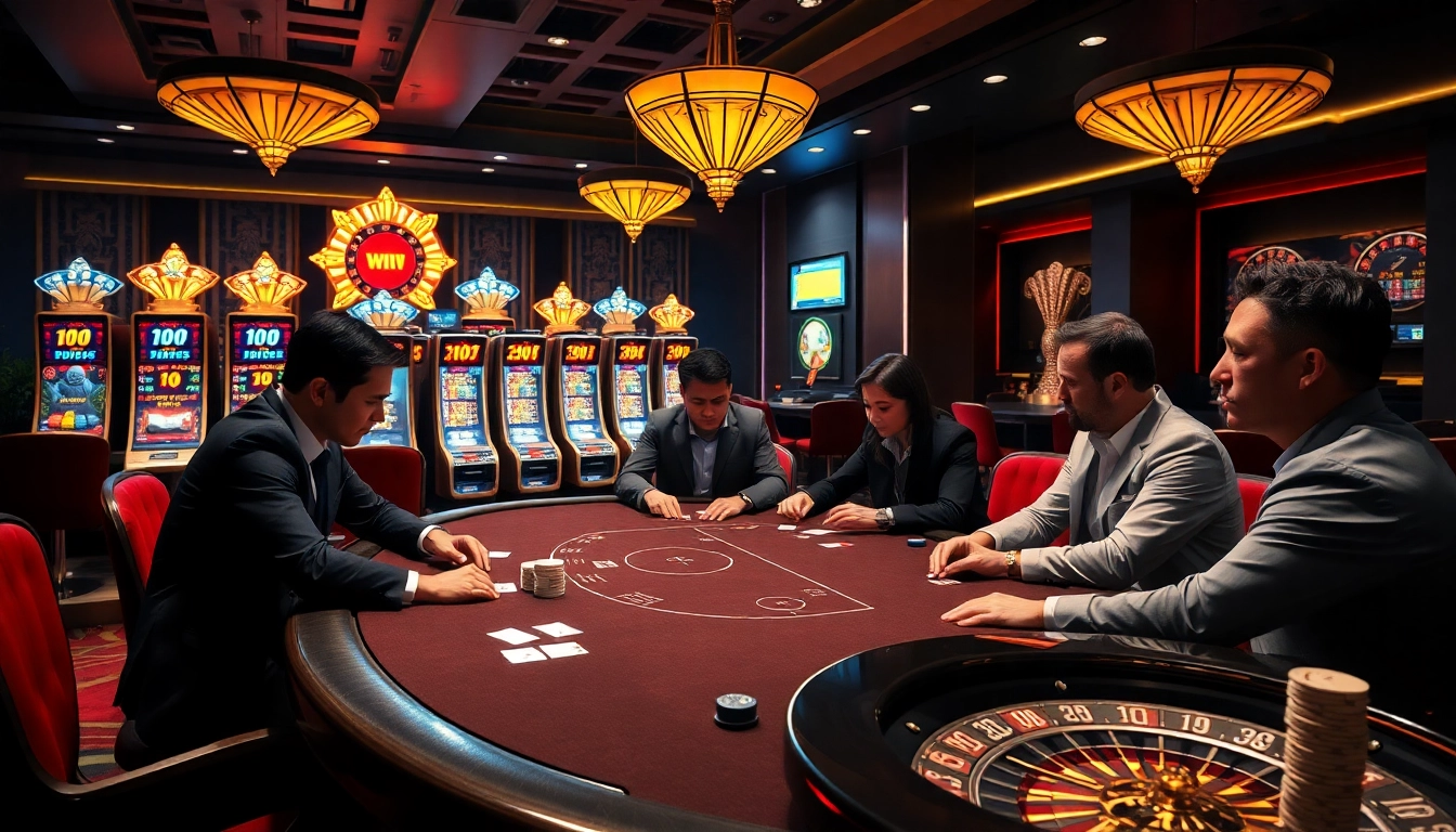 Engaged players at a luxurious poker table in nhà cái MMOO, with vibrant slot machines and roulette.