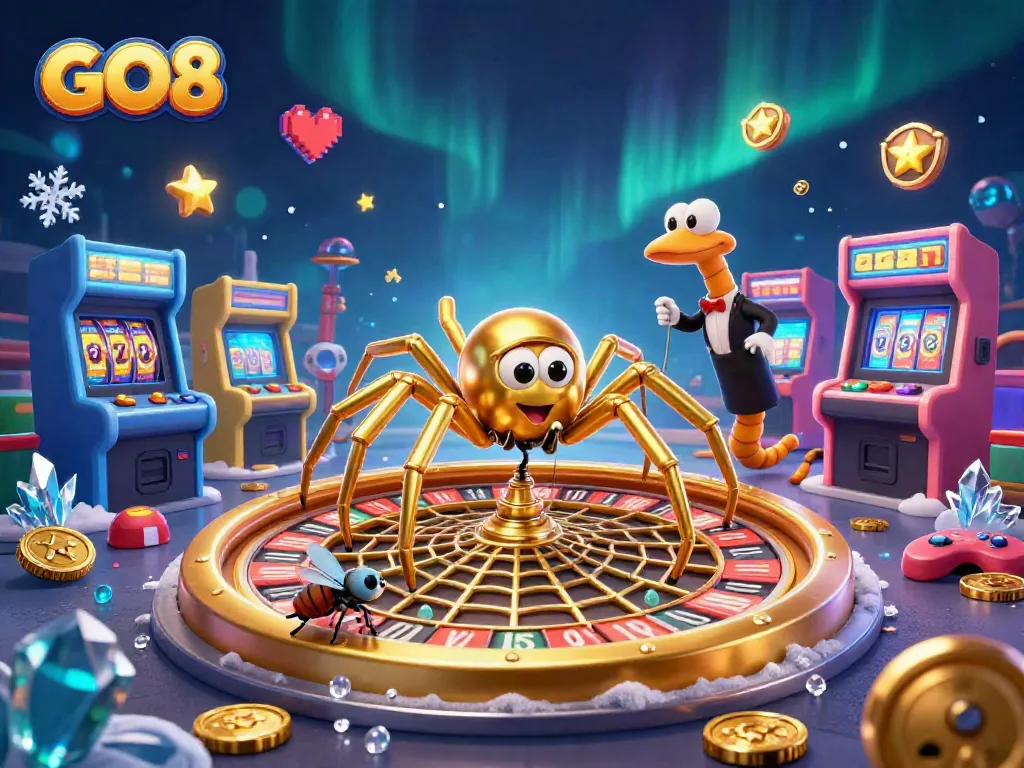 Experience the thrill of GO8 casino with a spinning roulette wheel and playful characters.