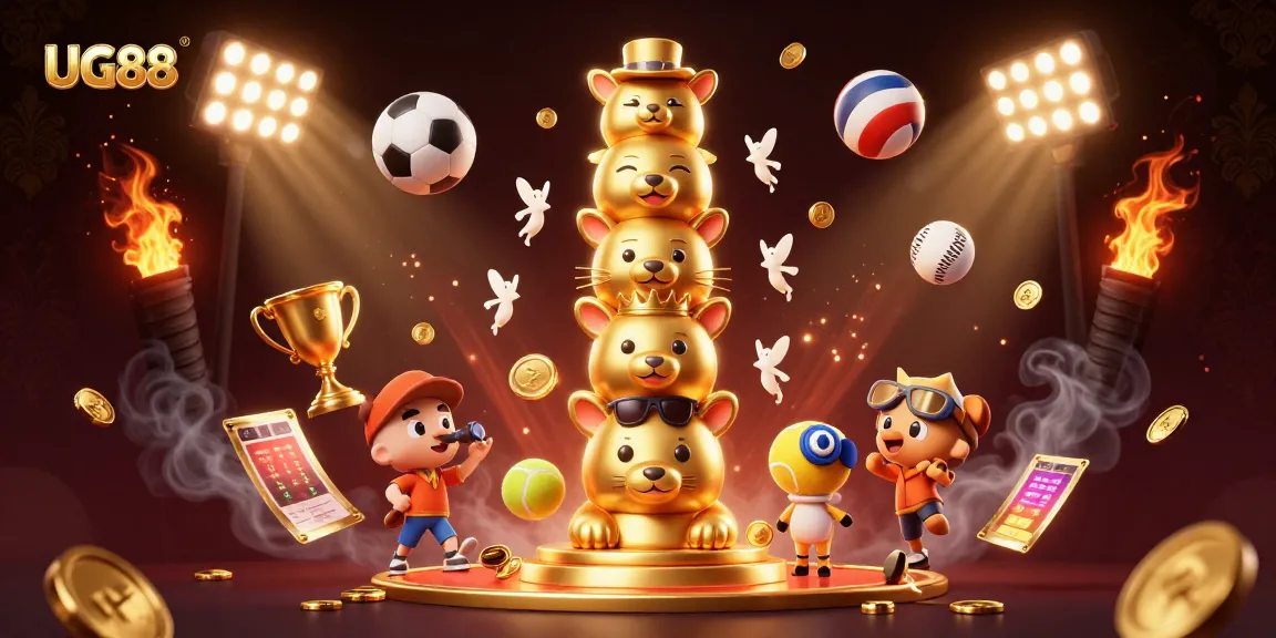 Experience lively sports betting excitement with UG88's vibrant 3D casino illustration featuring animated characters and dynamic game elements.