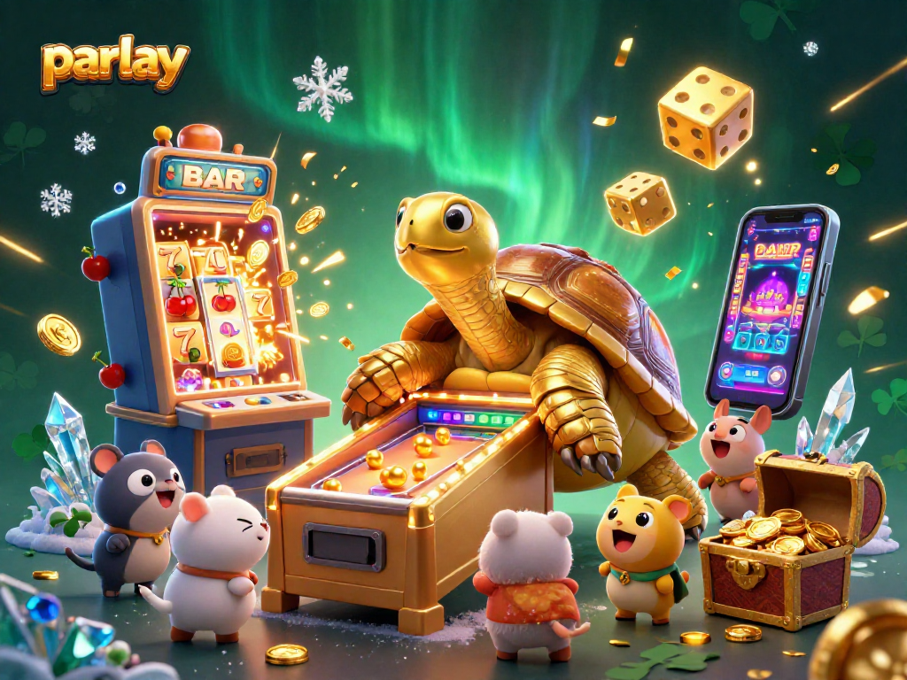 Engage with parlay betting in a vibrant casino atmosphere featuring a golden tortoise pinball machine.