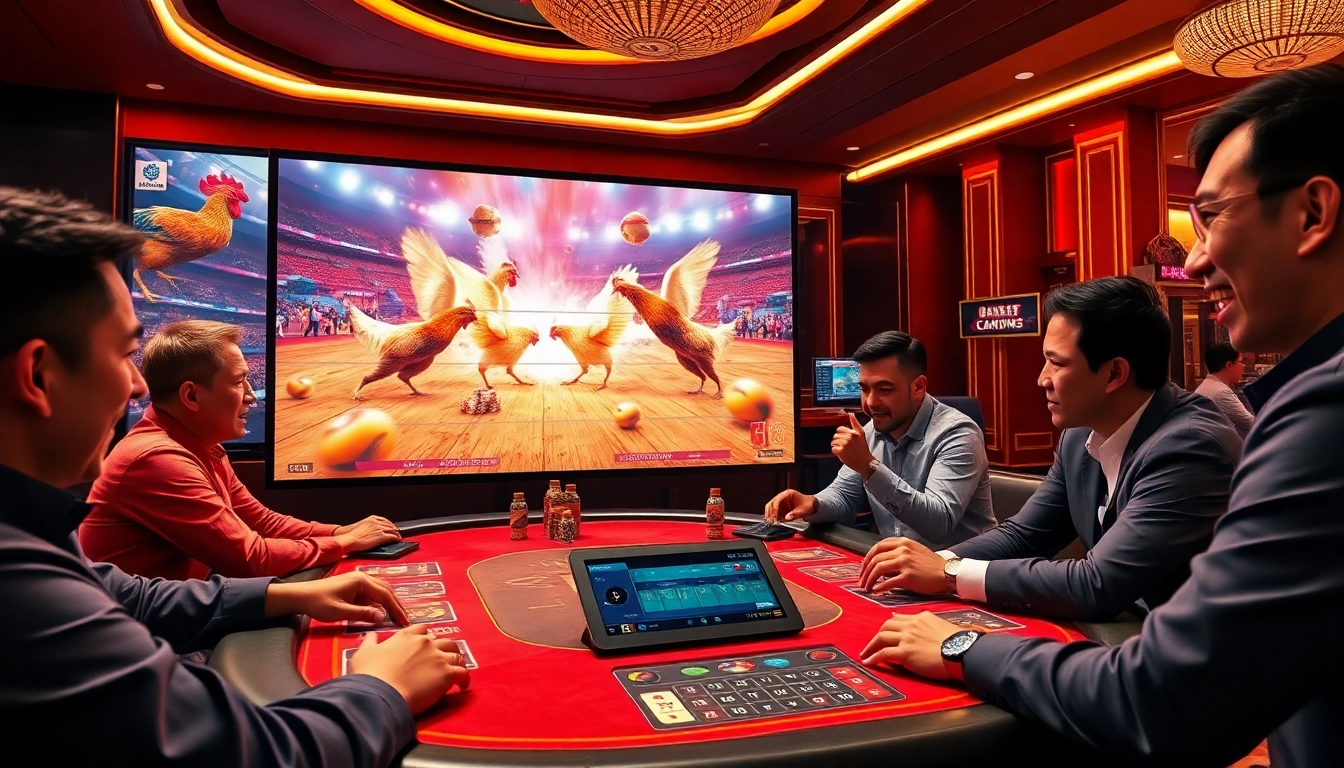 Experience the thrilling action of đá gà trực tiếp as gamblers place bets in a lively casino environment.