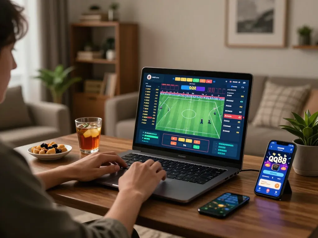Place bets on qq88 while enjoying a cozy home gaming environment with laptop and snacks.