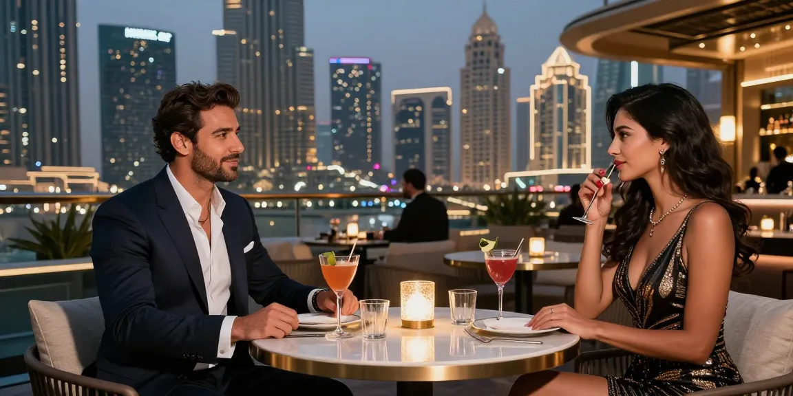 Experience luxury in Dubai with osmdubai.com: A gentleman enjoying time with an elegant escort in a rooftop lounge.