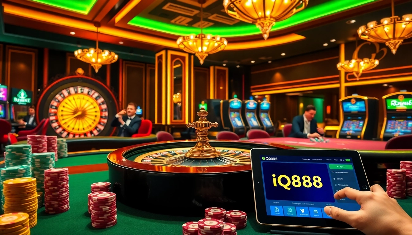 Engage with iq88's exciting casino ambiance featuring poker chips and roulette wheel.