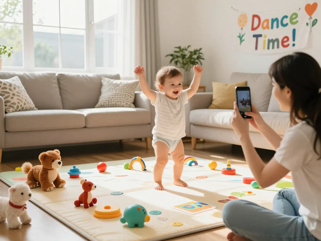 Baby dance video with a joyful infant dancing on a colorful mat in a playful living room.