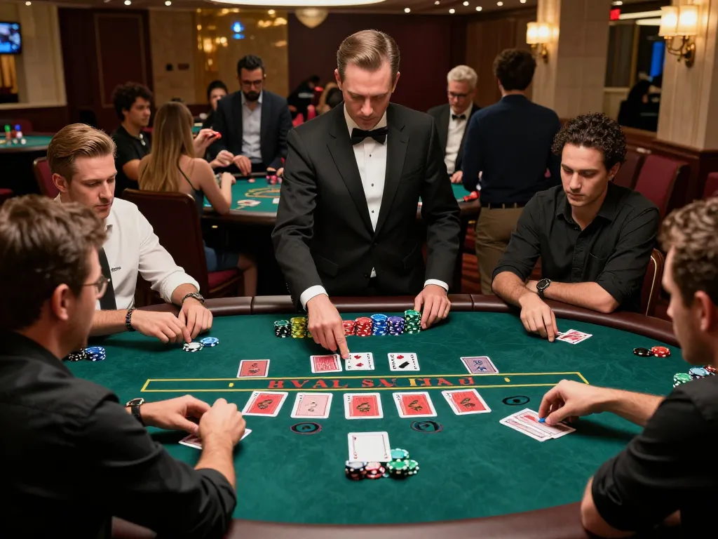 Players engaging in strategic bets at an EQ9 blackjack table in a luxurious casino