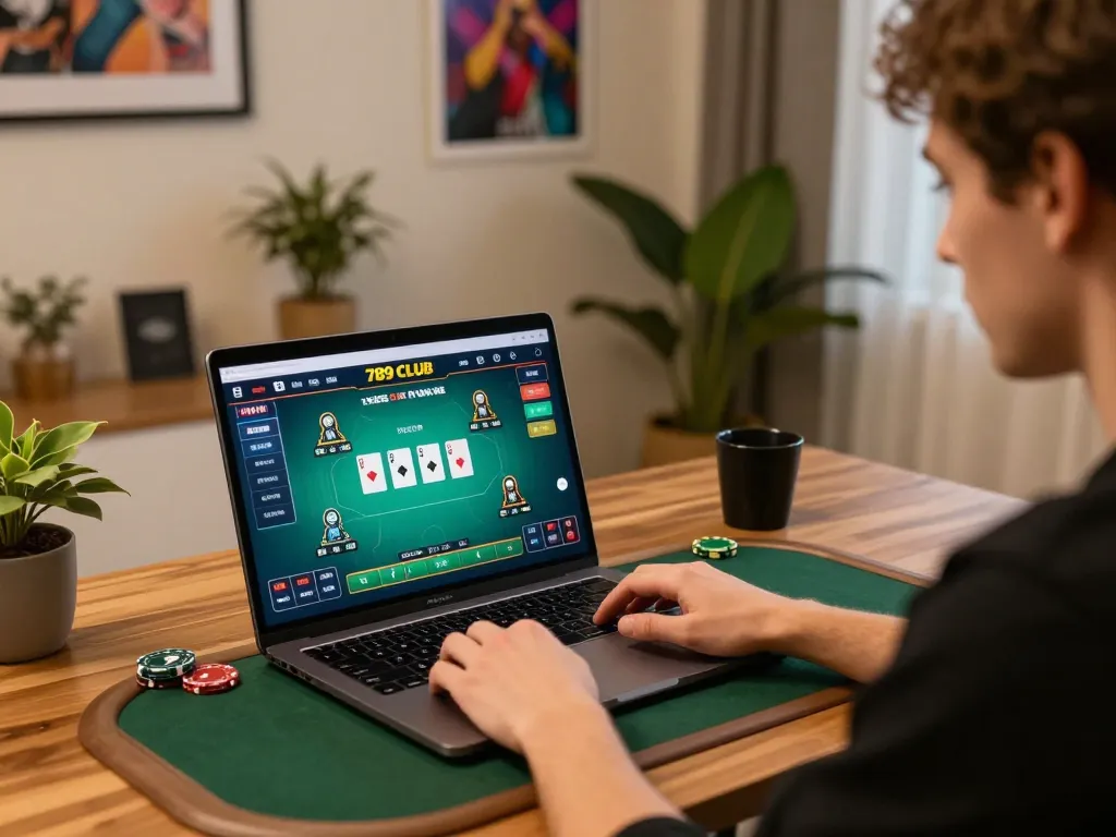 Engaging player strategizing in front of laptop for 789 CLUB online gaming session with poker gameplay displayed
