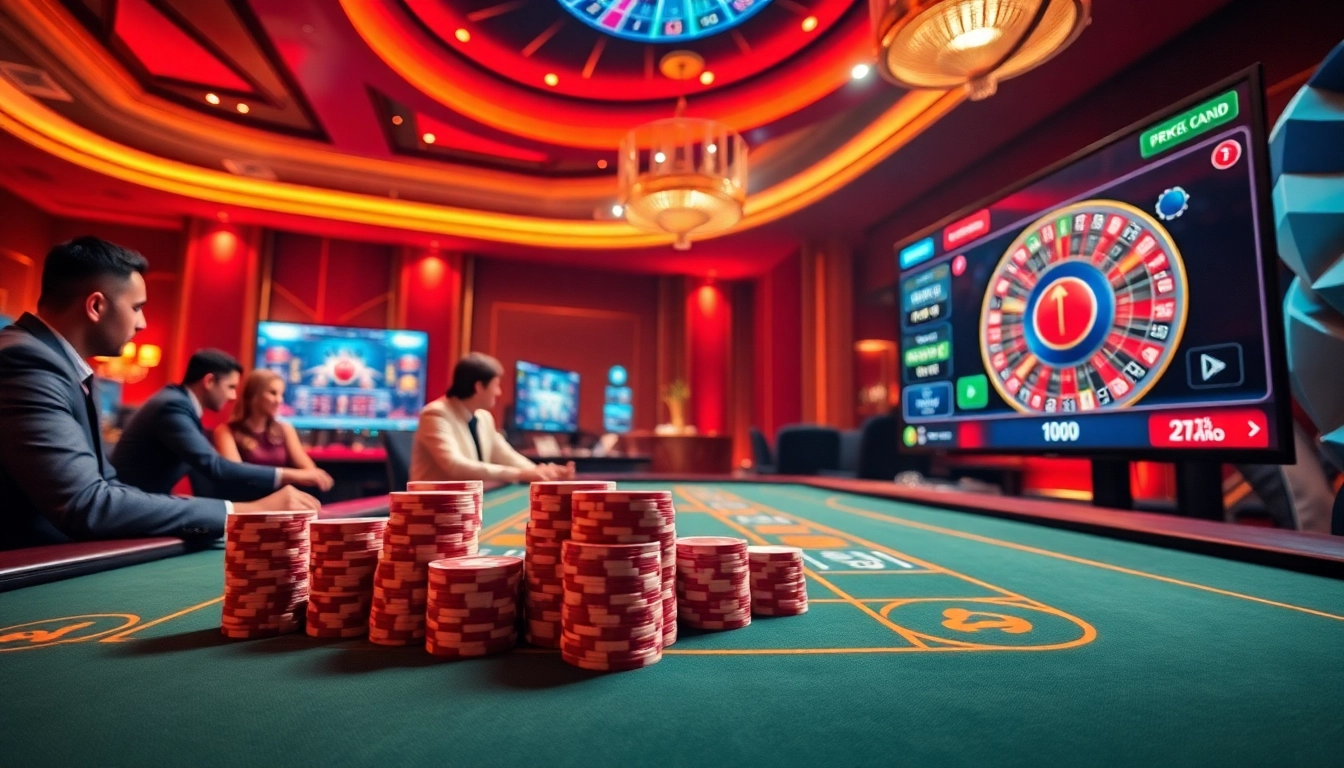 Exciting Win678 online casino scene with poker chips and dynamic gaming interfaces.