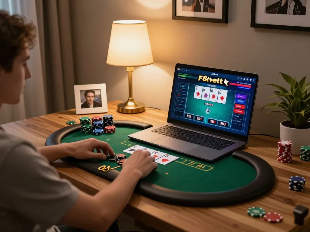 Exciting F8bet casino online poker game shown on laptop with player engaged in bets.
