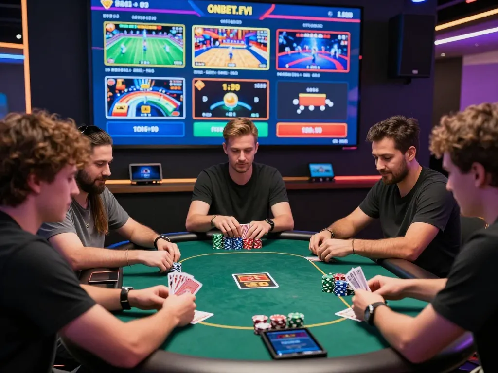 Exciting online gaming atmosphere at https://onbet.fyi/ with players enjoying poker and slots in a vibrant virtual casino.