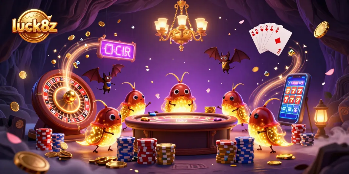 Engage with luck8z in a vibrant cave casino scene filled with spinning roulette wheels and golden treasures.