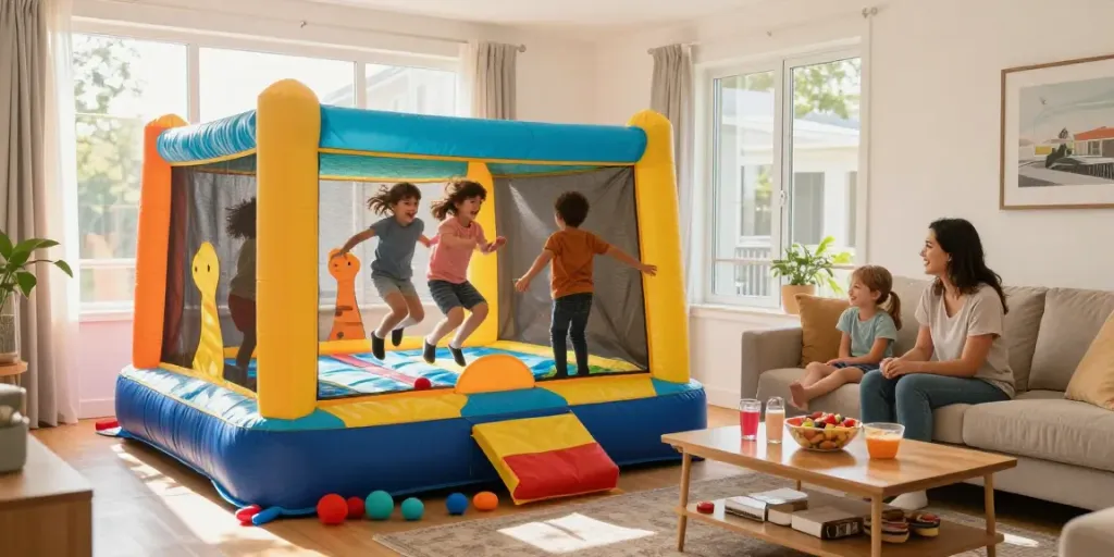 Indoor bounce house filled with laughing kids creating joyful family moments.