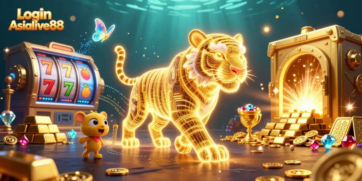 Engage with Login Asialive88 in a vibrant digital casino scene featuring a golden tiger and slot machine elements.