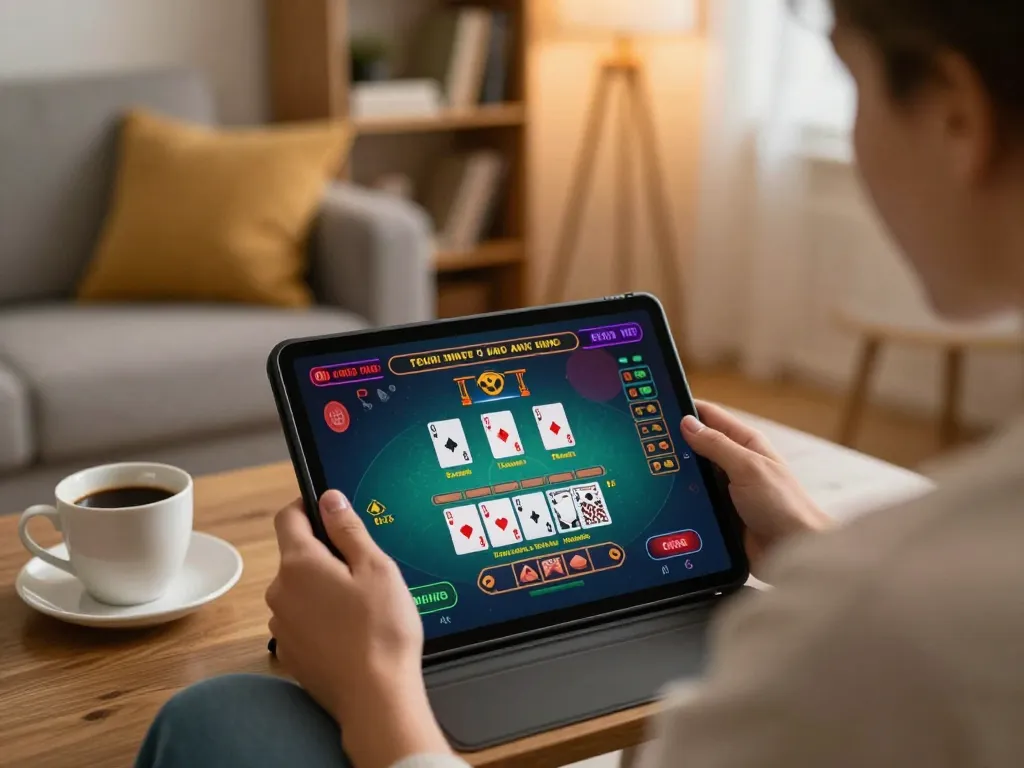 Engaging online gaming at https://789win2.us.com/ featuring a person strategizing card bets in a cozy living room.