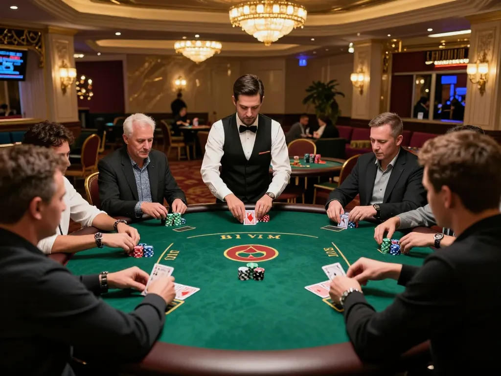 vipwin players intensely strategizing during a high-stakes Texas Hold'em game at a luxurious casino table