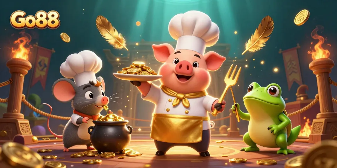 Join the Go88 gaming adventure with immersive visuals of characters serving golden treasures and dynamic casino elements.