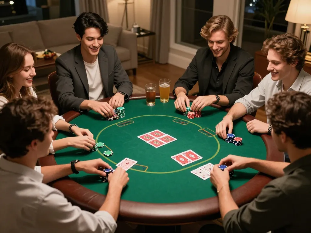 Engaging scene of friends playing game đánh bài during a cozy home poker night.