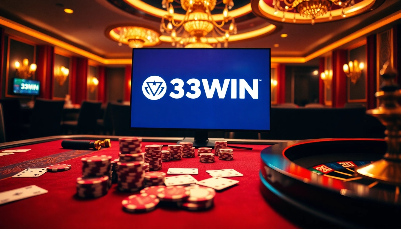 Experience the excitement of 33WIN with luxury casino elements and vibrant gaming action.