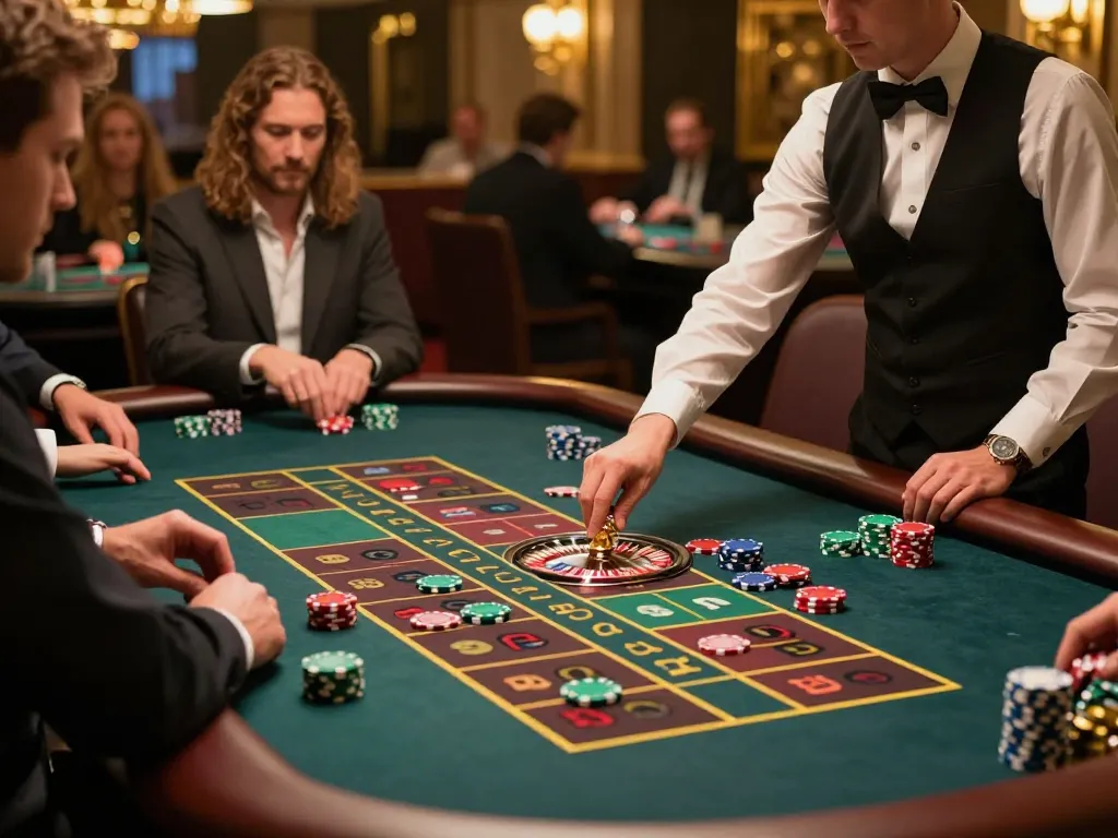 Experience the thrill of kèo nhà cái trực tiếp at a luxurious casino roulette table with vibrant betting chips.