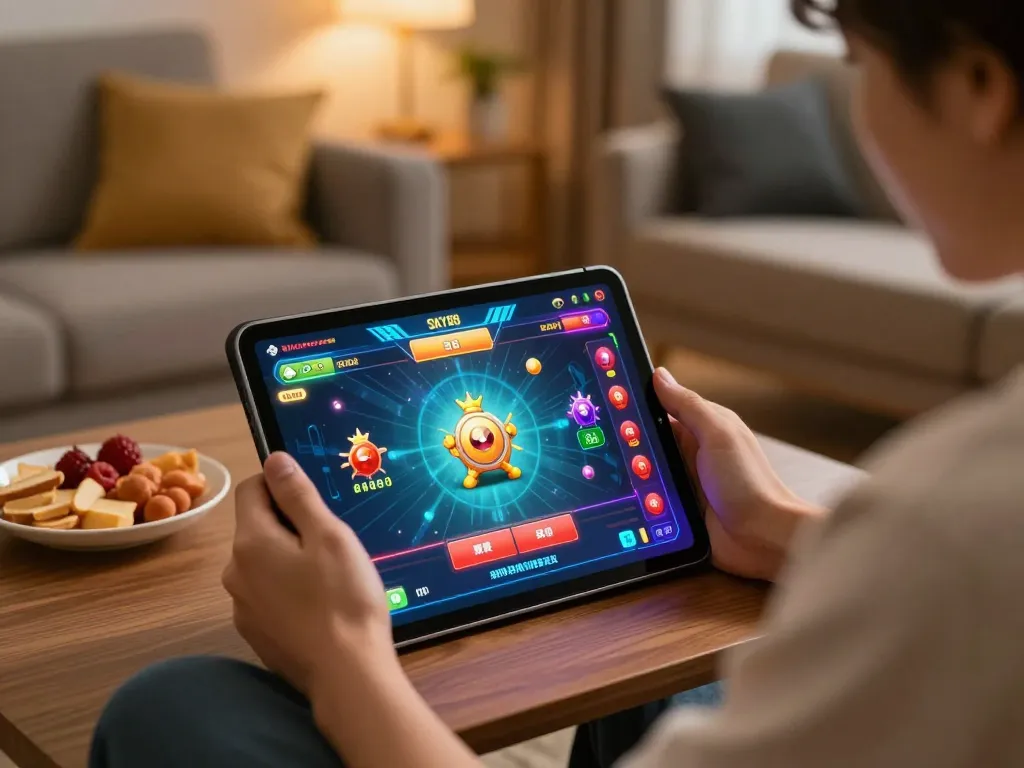 Engaging player enjoying SKY88 game on tablet in cozy home setting, showcasing vibrant graphics and atmosphere.