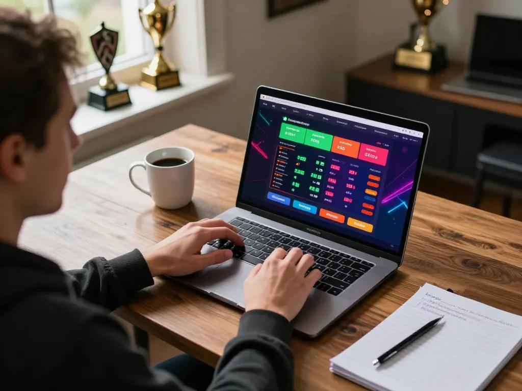 Engaging in strategic debet betting at home with a laptop and betting notes visible