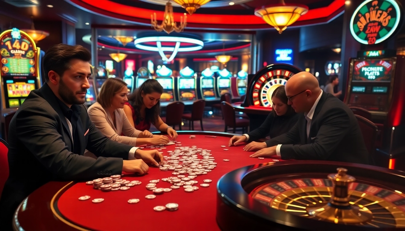 Players strategically betting with poker chips at an SV66 casino table in a lavish gambling scene.