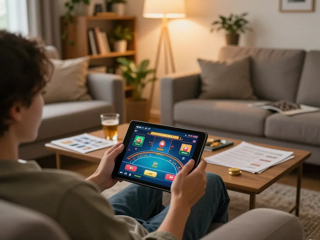 Player engaging in online poker on tablet in a cozy home setting, representing sc88vn's gaming experience.