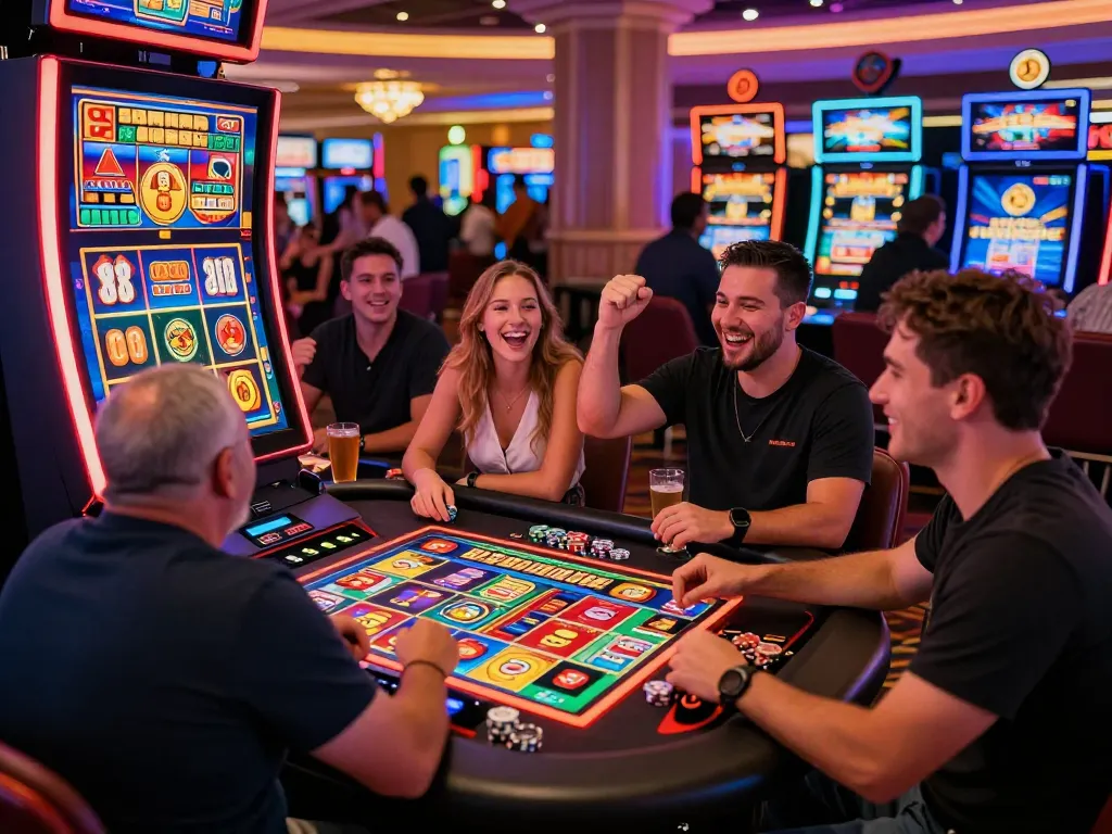 Exciting casino gaming scene at https://lucky88.tips/ with players celebrating wins around a vibrant slot machine.