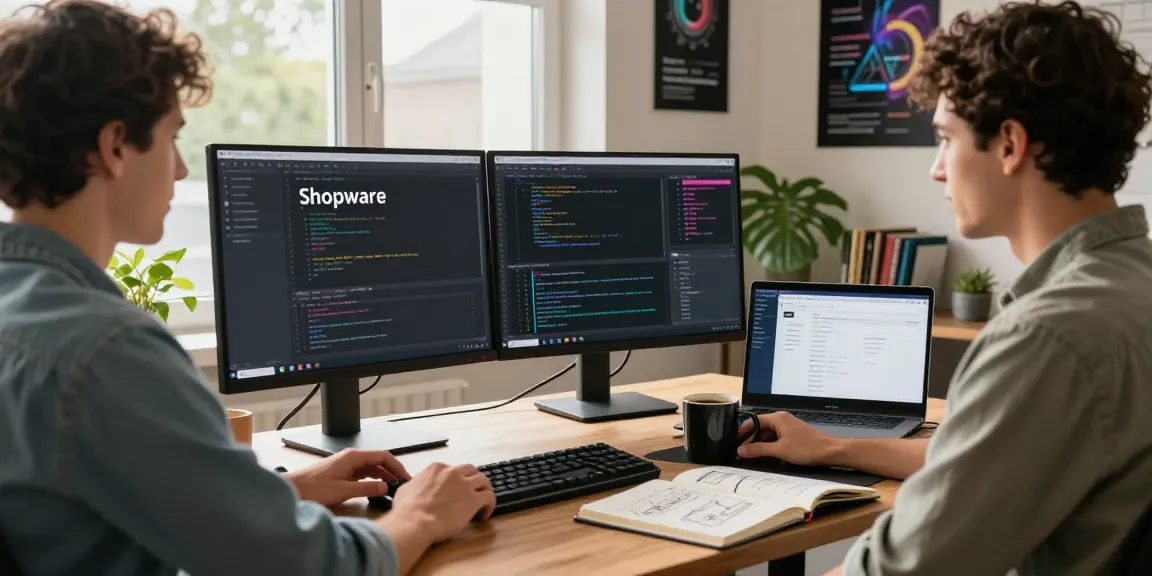 Shopware Agency freelancer coding in a modern e-commerce workspace with dual monitors and vibrant plants.