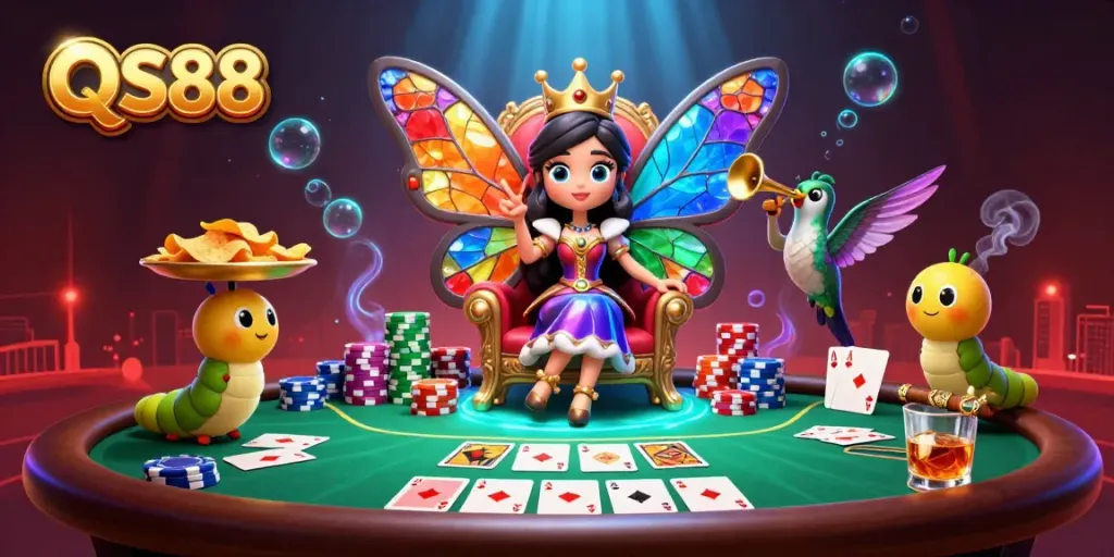 Experience the excitement of QS88 with a vibrant casino-themed digital illustration showcasing poker elements and dynamic characters.