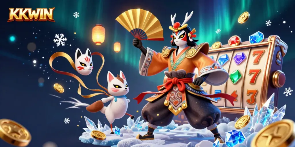 KKWIN slots action with kabuki warrior and kitsune mask in a vibrant casino scene.
